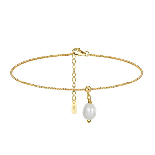 925 Sterling Silver Gold-Plated Minimalist White Pearl Anklet