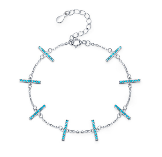 Sterling Silver Bracelet with Elegant Turquoise Blue Crystal Bar Accents