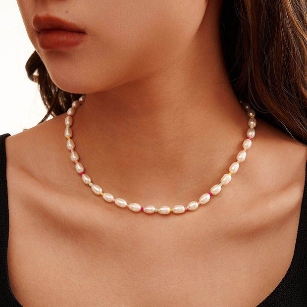 925 Sterling Silver Natural Freshwater Pearl Gold Plated Necklace with Color Bead Ball Jewelry