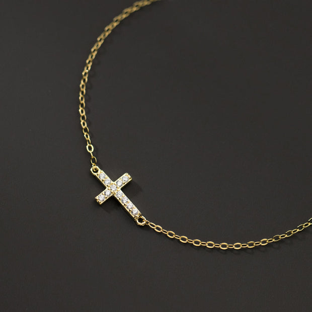 Sterling Silver Simple Cross Diamond Charm Gold Plated Bracelet