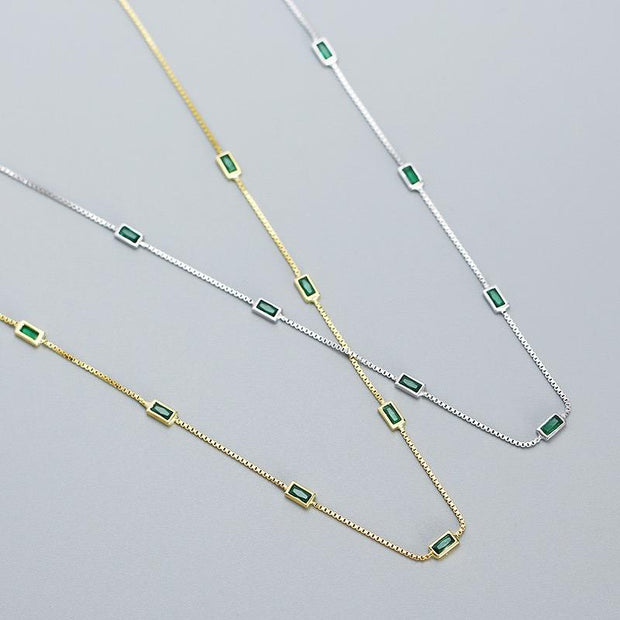 Emerald Elegance: 925 Sterling Silver Rectangle Emerald Stone Necklace