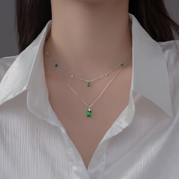 Emerald Cascade: 925 Sterling Silver Water Drop Diamond and Zircon Necklace