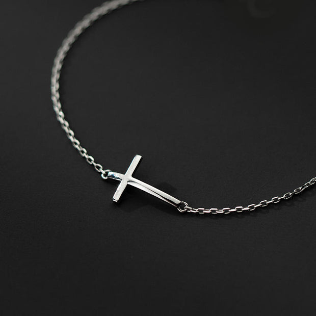 925 Sterling Silver Minimalist Cross Bracelet - Simple Plain Cross Charm Bracelet