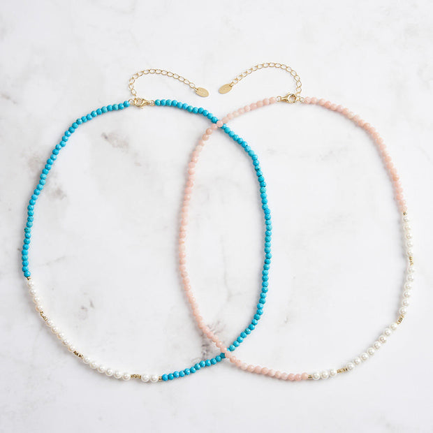 Irregular Natural Turquoise & Freshwater Pearl Beaded Necklace