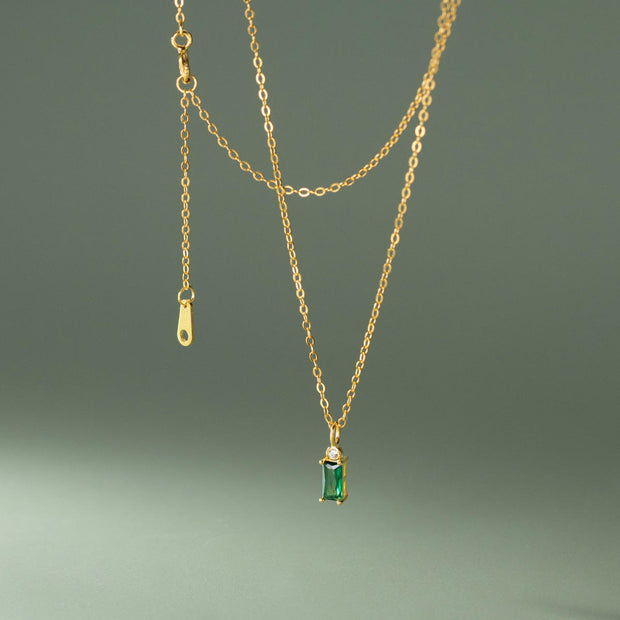 Emerald Harmony: 925 Silver Long Rectangular Green and White Zircon Necklace