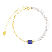 Minimalist 925 Sterling Silver Gold Chain Bracelet with Rectangle Gemstone and White Pearls