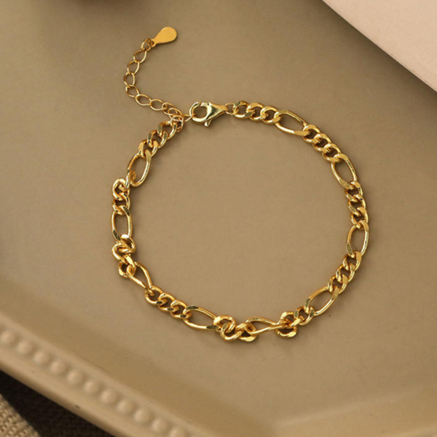 925 Sterling Silver Gold-Plated Figaro Chain Bracelet for Women, Minimalist and Stylish Jewelry