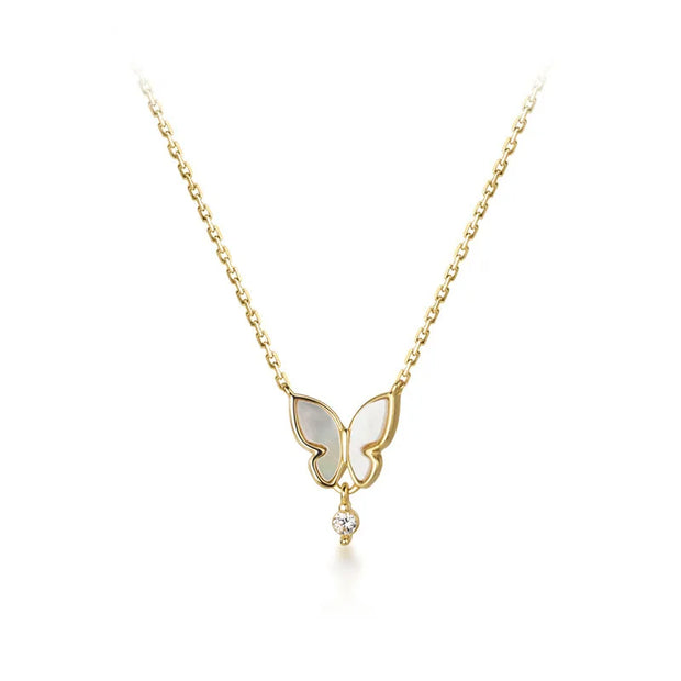 925 Sterling Silver Butterfly Necklace with Shell Drop Diamond Pendant