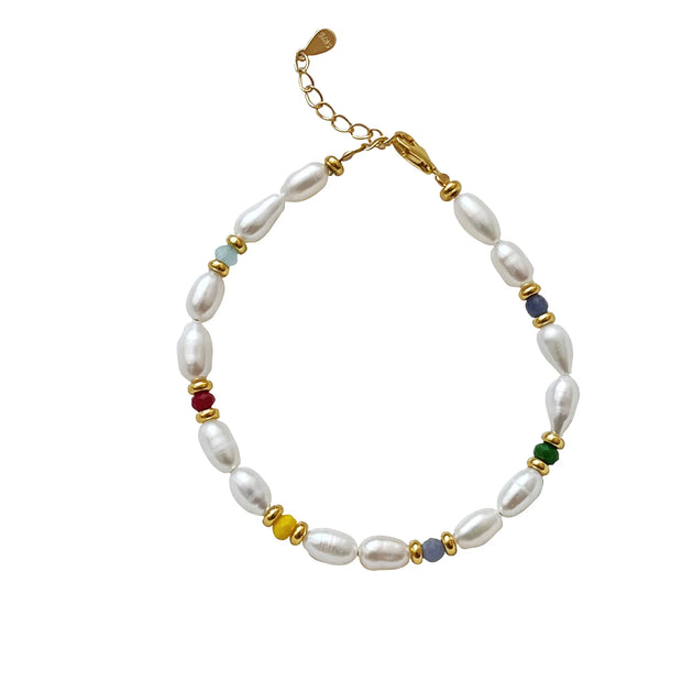 925 Sterling Silver Natural Freshwater Pearl String Bracelet with Colorful Small Round Beads