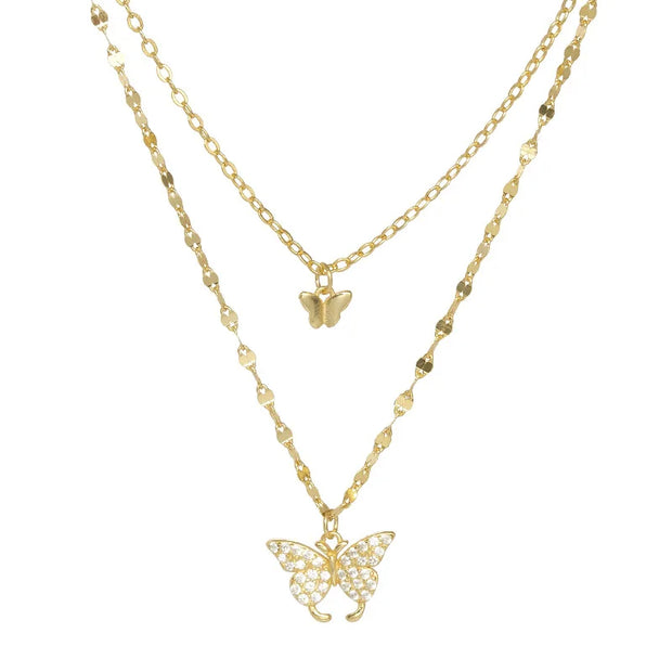 925 Sterling Silver Butterfly Necklaces Two Layers Double Chain Butterflies Diamond Gold Plated Necklaces