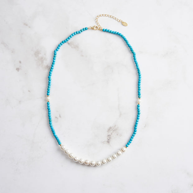 Irregular Natural Turquoise & Freshwater Pearl Beaded Necklace