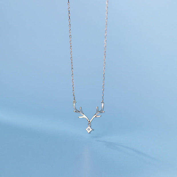 925 Silver Elk Antlers Zircon Pendant Necklace