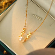 Christmas Fashion Deer Antlers Shape Jewelry, S925 Sterling Silver Pearl Dangle Gold Plated Necklace