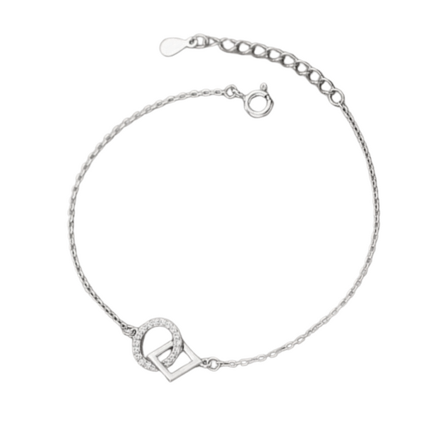 Sterling Silver Geometric Charm Bracelet, Round Circle & Square Diamond Accents