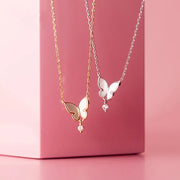 925 Sterling Silver Butterfly Necklace with Shell Drop Diamond Pendant