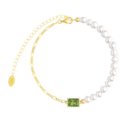 Minimalist 925 Sterling Silver Gold Chain Bracelet with Rectangle Gemstone and White Pearls