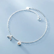 925 Silver Hollow Fish Tail Zircon Single Pearl Anklets