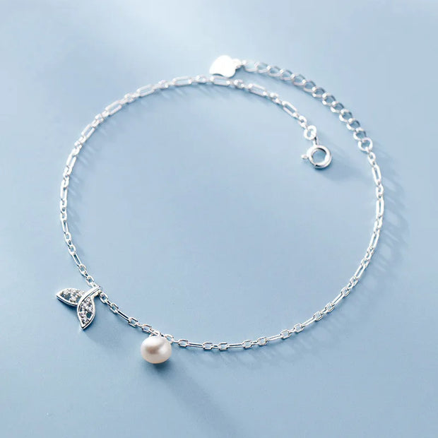 925 Silver Hollow Fish Tail Zircon Single Pearl Anklets