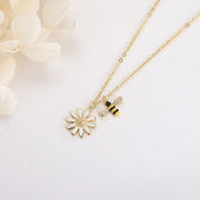 925 Sterling Silver Bee and Flower Necklace with Zircon and Enamel Pendant