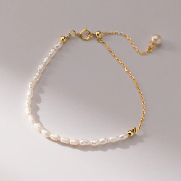 925 Sterling Silver Bracelets – Small Natural Real Pearl Gold-Plated Bracelets for Women