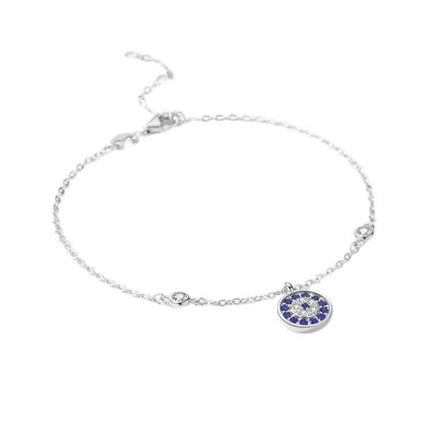 925 Sterling Silver Evil Eye Bracelet – Blue Devil Eye with Diamond-Like Zircon