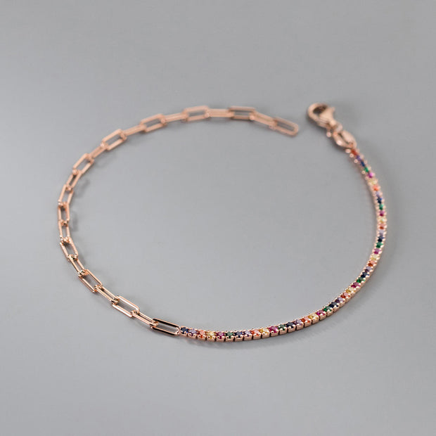 925 Sterling Silver Paper Clip Chain Bracelet with Colorful Diamond Zircon