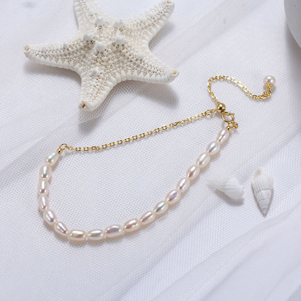 925 Sterling Silver Natural Freshwater Pearl Gold-Plated Chain Bracelet