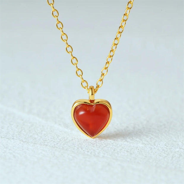 925 Sterling Silver Agate Red Heart Pendant Necklace