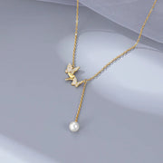 925 Sterling Silver Butterfly Necklace with Diamond and Pearl Tassel Chain