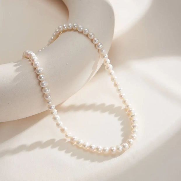 6-7MM round natural freshwater pearl gold plated necklace