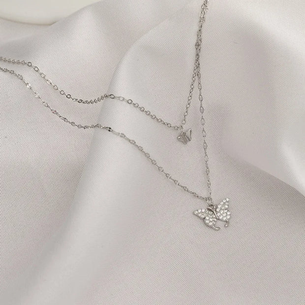 925 Sterling Silver Butterfly Necklaces Two Layers Double Chain Butterflies Diamond Gold Plated Necklaces