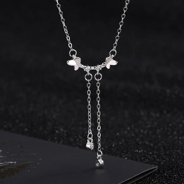 925 Sterling Silver Butterfly Necklace, Double Butterflies with Drop Diamond Tassel Chain