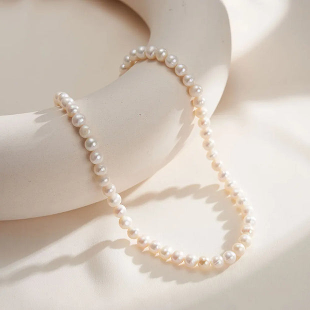 5-6MM round natural freshwater pearl gold plated necklace