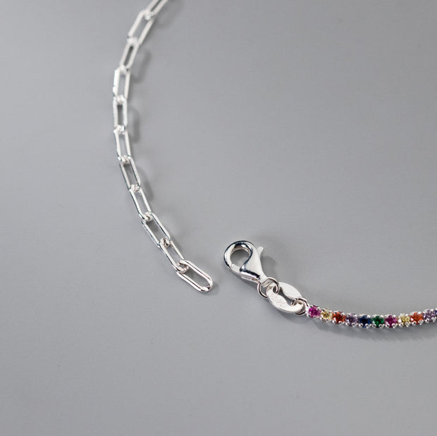 925 Sterling Silver Paper Clip Chain Bracelet with Colorful Diamond Zircon