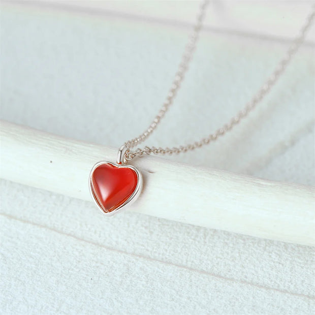 925 Sterling Silver Agate Red Heart Pendant Necklace