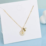 925 Sterling Silver Bee and Flower Necklace with Zircon and Enamel Pendant