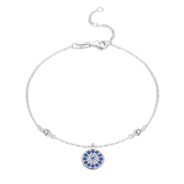 925 Sterling Silver Evil Eye Bracelet – Blue Devil Eye with Diamond-Like Zircon