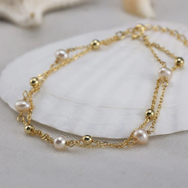 925 Sterling Silver Double Chain with Natural Freshwater Pearl and Gold-Plated Ball Bead Bracelet