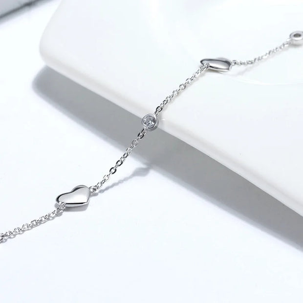 925 Silver Minimalist Heart Bracelet Jewelry – Sterling Silver Small Heart with Diamond Zircon Chain Bracelet