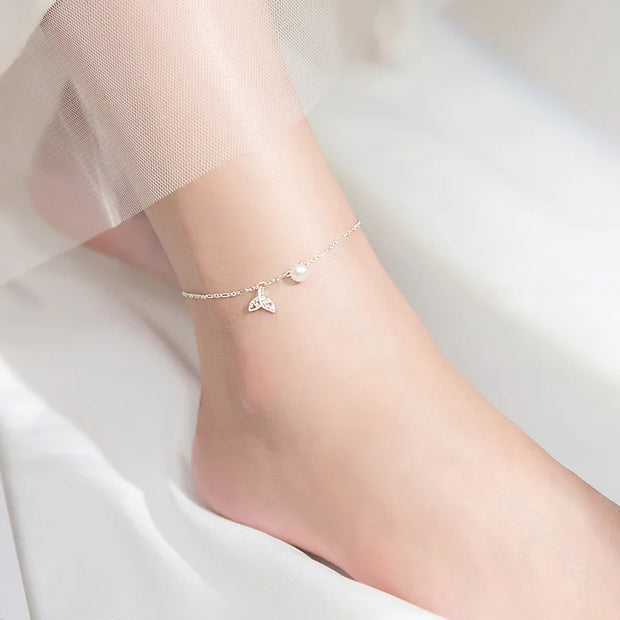 925 Silver Hollow Fish Tail Zircon Single Pearl Anklets