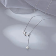 925 Sterling Silver Butterfly Necklace with Diamond and Pearl Tassel Chain