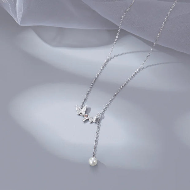 925 Sterling Silver Butterfly Necklace with Diamond and Pearl Tassel Chain