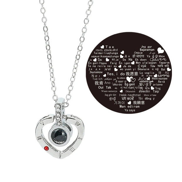 Endless Love: 925 Sterling Silver '100 Languages I Love You' Projection Heart Necklace