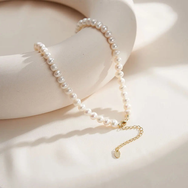 6-7MM round natural freshwater pearl gold plated necklace