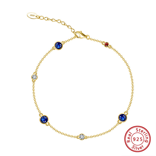 14K Gold-Plated Sterling Silver Link Charm Bracelet – Colorful Zirconia, Adjustable 6-8 Inches