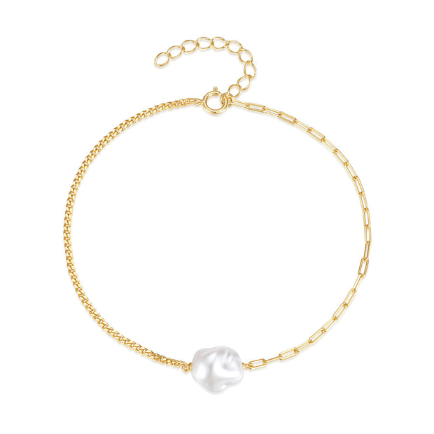 925 Sterling Silver Natural Pearl Gold-Plated Chain Bracelet