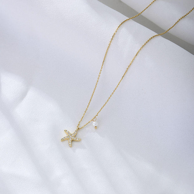 Starfish Charm: 925 Silver Pearl and Diamond Necklace with Five Star Zircon Accents