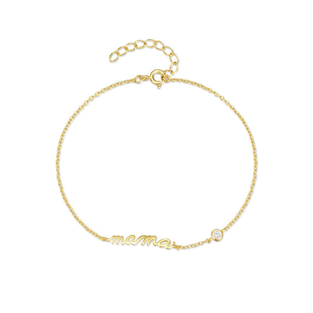 Sterling Silver "MAMA" Bracelet, 925 Silver Gold-Plated with Round Diamonds