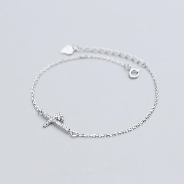 925 Sterling Silver Cross Bracelet for Women - Adjustable 6-8 Inches Zircon CZ Diamond Charm Bracelet