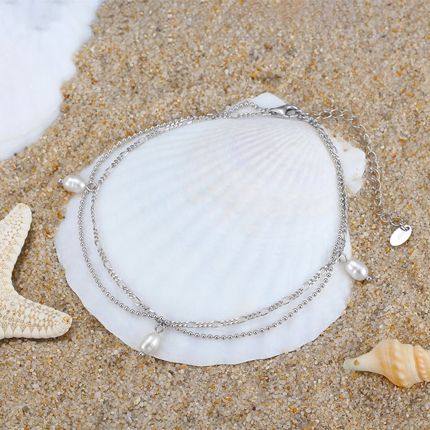 Delicate Sterling Silver Anklet with Three White Pearls